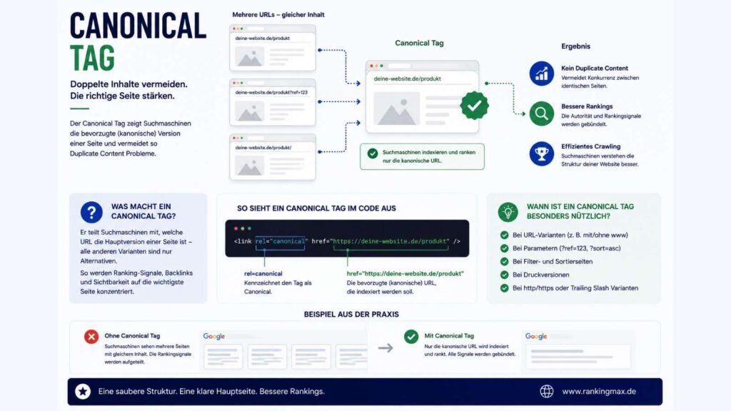 Infografik zum Thema Canonical Tag mit Darstellung der bevorzugten URL einer Website zur Vermeidung von Duplicate Content und zur Bündelung von Rankingsignalen für Suchmaschinen.