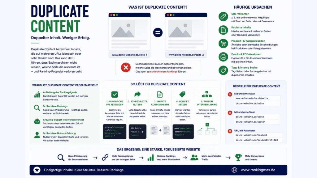 Infografik zum Thema Duplicate Content mit Darstellung identischer oder sehr ähnlicher Inhalte auf mehreren URLs sowie Maßnahmen zur Vermeidung von Rankingverlusten durch Canonical Tags, Weiterleitungen und saubere Seitenstrukturen.