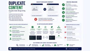 Infografik zum Thema Duplicate Content mit Darstellung identischer oder sehr ähnlicher Inhalte auf mehreren URLs sowie Maßnahmen zur Vermeidung von Rankingverlusten durch Canonical Tags, Weiterleitungen und saubere Seitenstrukturen.