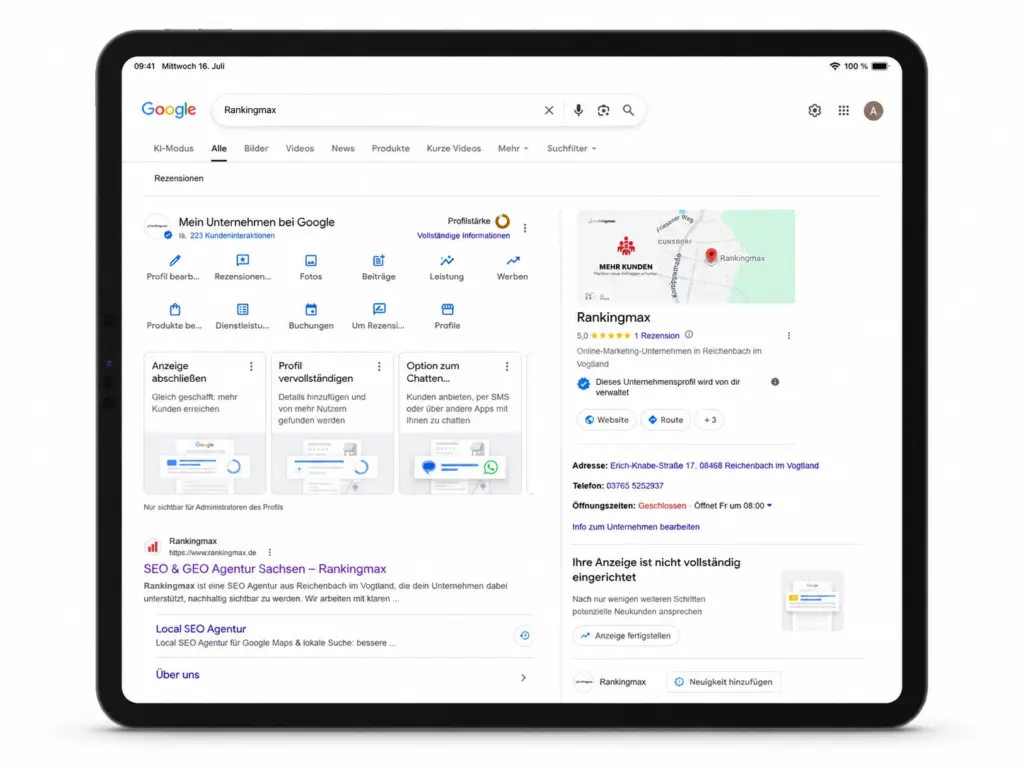Ein Google Unternehmensprofil auf einem Ipad