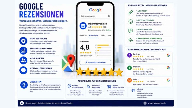 Infografik zum Thema Google Rezensionen mit Darstellung der Bedeutung von Kundenbewertungen für Vertrauen, lokale Sichtbarkeit, Google-Rankings und die Gewinnung neuer Kunden.