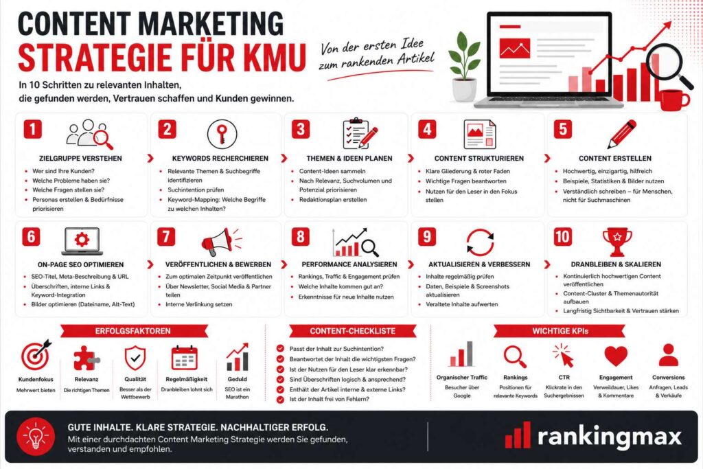 Infografik mit einer 10-Schritte-Content-Marketing-Strategie für KMU – von der Zielgruppenanalyse bis zur Erfolgsmessung.