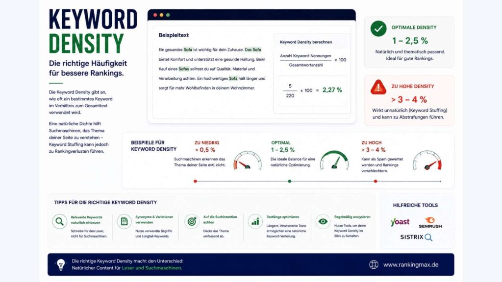 Infografik zum Thema Keyword Density mit Darstellung der Keyword-Dichte im Seiteninhalt sowie Empfehlungen für eine natürliche Keyword-Verwendung zur Verbesserung der Suchmaschinenoptimierung.