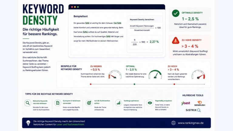 Infografik zum Thema Keyword Density mit Darstellung der Keyword-Dichte im Seiteninhalt sowie Empfehlungen für eine natürliche Keyword-Verwendung zur Verbesserung der Suchmaschinenoptimierung.