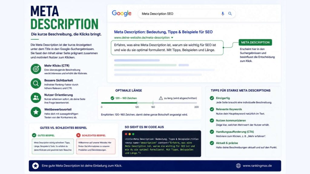 Infografik zum Thema Meta Description mit Darstellung der Beschreibung in den Google-Suchergebnissen sowie Tipps zur Optimierung für höhere Klickrate, bessere Sichtbarkeit und mehr organischen Traffic.