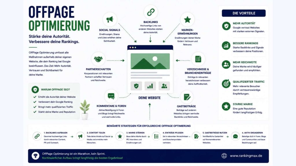 Infografik zum Thema OffPage-Optimierung mit Darstellung von Backlinks, Marken-Erwähnungen, Gastbeiträgen und weiteren externen SEO-Maßnahmen zur Steigerung von Autorität, Sichtbarkeit und Google-Rankings.