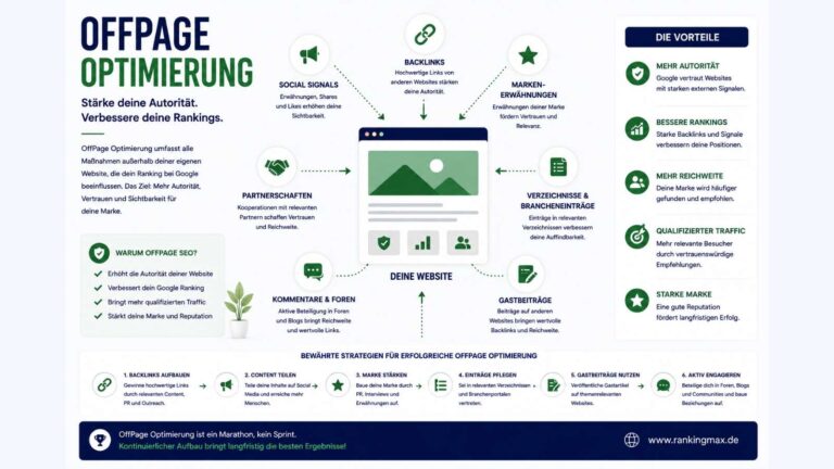 Infografik zum Thema OffPage-Optimierung mit Darstellung von Backlinks, Marken-Erwähnungen, Gastbeiträgen und weiteren externen SEO-Maßnahmen zur Steigerung von Autorität, Sichtbarkeit und Google-Rankings.