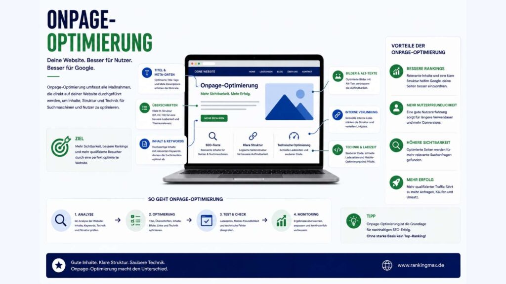 Infografik zum Thema Onpage-Optimierung mit Darstellung wichtiger SEO-Maßnahmen wie Meta-Daten, Überschriften, Inhalte, interne Verlinkung und technische Optimierung zur Verbesserung von Rankings und Nutzerfreundlichkeit.
