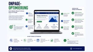 Infografik zum Thema Onpage-Optimierung mit Darstellung wichtiger SEO-Maßnahmen wie Meta-Daten, Überschriften, Inhalte, interne Verlinkung und technische Optimierung zur Verbesserung von Rankings und Nutzerfreundlichkeit.