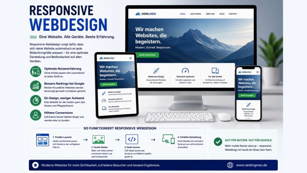 Infografik zum Thema Responsive Webdesign mit Darstellung einer Website auf Desktop, Tablet und Smartphone sowie der automatischen Anpassung an verschiedene Bildschirmgrößen für optimale Nutzerfreundlichkeit und SEO.