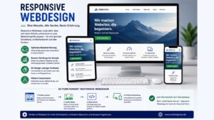 Infografik zum Thema Responsive Webdesign mit Darstellung einer Website auf Desktop, Tablet und Smartphone sowie der automatischen Anpassung an verschiedene Bildschirmgrößen für optimale Nutzerfreundlichkeit und SEO.