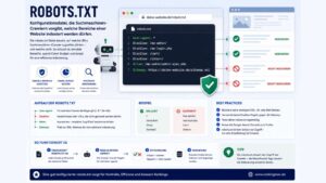 Infografik zum Thema robots.txt mit Darstellung der Konfigurationsdatei zur Steuerung von Suchmaschinen-Crawlern, Crawl-Regeln sowie erlaubten und gesperrten Bereichen einer Website.