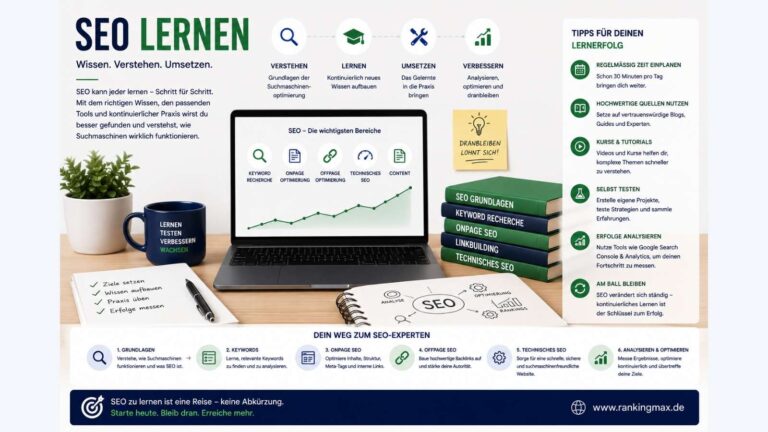 Infografik zum Thema SEO lernen mit Darstellung der wichtigsten Grundlagen, Lernbereiche und Optimierungstechniken für den erfolgreichen Einstieg in die Suchmaschinenoptimierung.