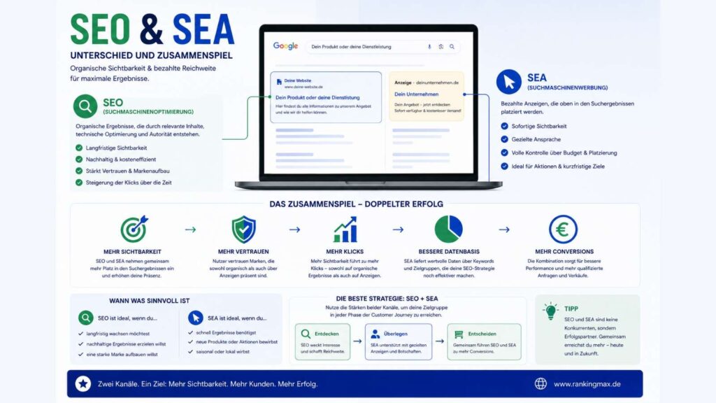 Infografik zum Thema SEO und SEA mit Gegenüberstellung von organischer Suchmaschinenoptimierung und bezahlter Suchmaschinenwerbung sowie deren Zusammenspiel für mehr Sichtbarkeit, Traffic und Conversions.