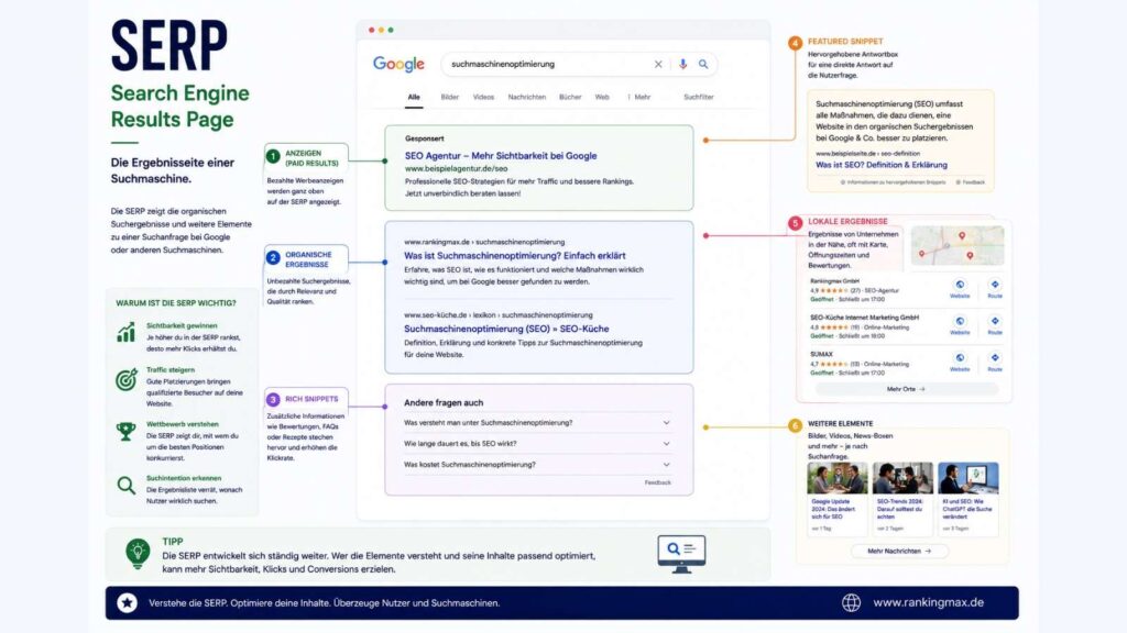 Infografik zum Thema SERP (Search Engine Results Page) mit Darstellung der Suchergebnisseite einer Suchmaschine, einschließlich organischer Treffer, Anzeigen, Rich Snippets und lokaler Suchergebnisse.