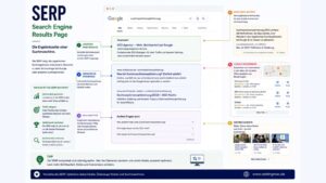 Infografik zum Thema SERP (Search Engine Results Page) mit Darstellung der Suchergebnisseite einer Suchmaschine, einschließlich organischer Treffer, Anzeigen, Rich Snippets und lokaler Suchergebnisse.