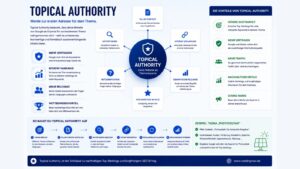 Infografik zum Thema Topical Authority mit Darstellung thematischer Autorität durch hochwertige Inhalte, Pillar Pages, interne Verlinkung und semantische Relevanz zur Verbesserung von Rankings und Sichtbarkeit.