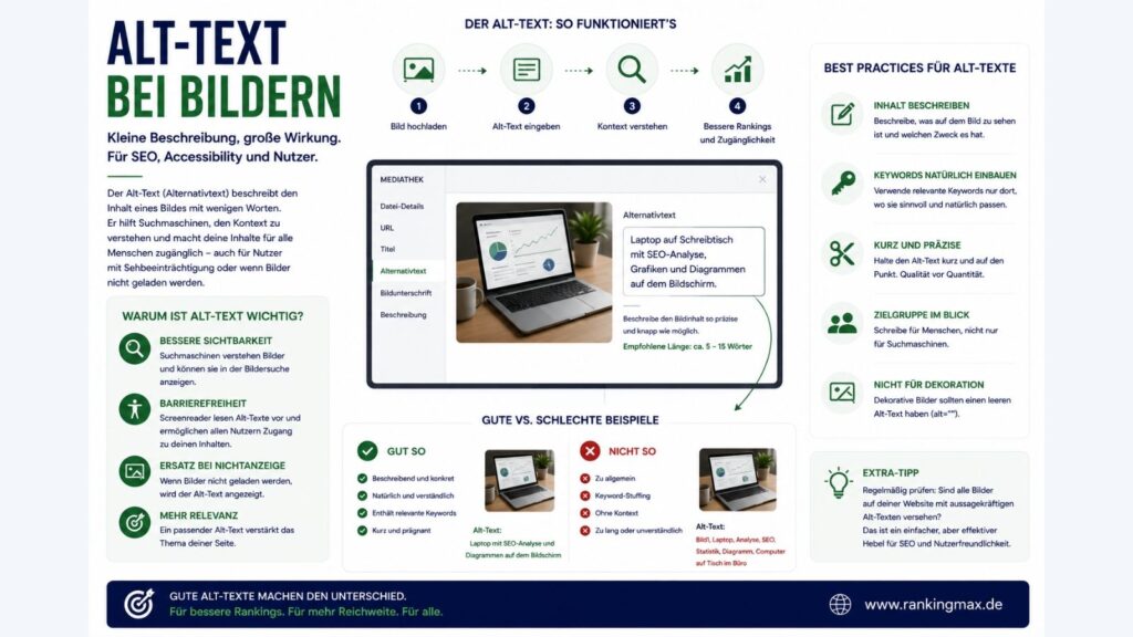 Infografik zum Thema Alt-Text bei Bildern mit Erklärung, Beispielen und Best Practices für SEO, Barrierefreiheit und bessere Bildbeschreibungen.