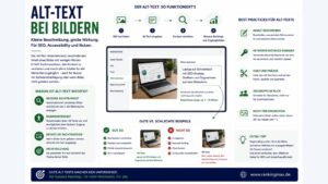 Infografik zum Thema Alt-Text bei Bildern mit Erklärung, Beispielen und Best Practices für SEO, Barrierefreiheit und bessere Bildbeschreibungen.