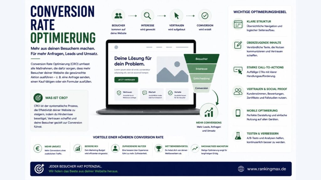 Infografik zur Conversion Rate Optimierung (CRO) mit Darstellung des Conversion-Funnels, wichtiger Optimierungsmaßnahmen und deren Einfluss auf Anfragen, Leads und Umsatz.