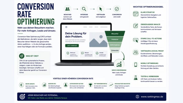 Infografik zur Conversion Rate Optimierung (CRO) mit Darstellung des Conversion-Funnels, wichtiger Optimierungsmaßnahmen und deren Einfluss auf Anfragen, Leads und Umsatz.