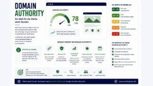 Infografik zur Domain Authority mit Darstellung des DA-Werts, wichtiger Einflussfaktoren und Maßnahmen zur Steigerung von Autorität, Rankings und organischem Traffic.