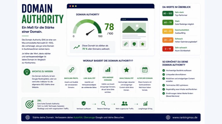 Infografik zur Domain Authority mit Darstellung des DA-Werts, wichtiger Einflussfaktoren und Maßnahmen zur Steigerung von Autorität, Rankings und organischem Traffic.