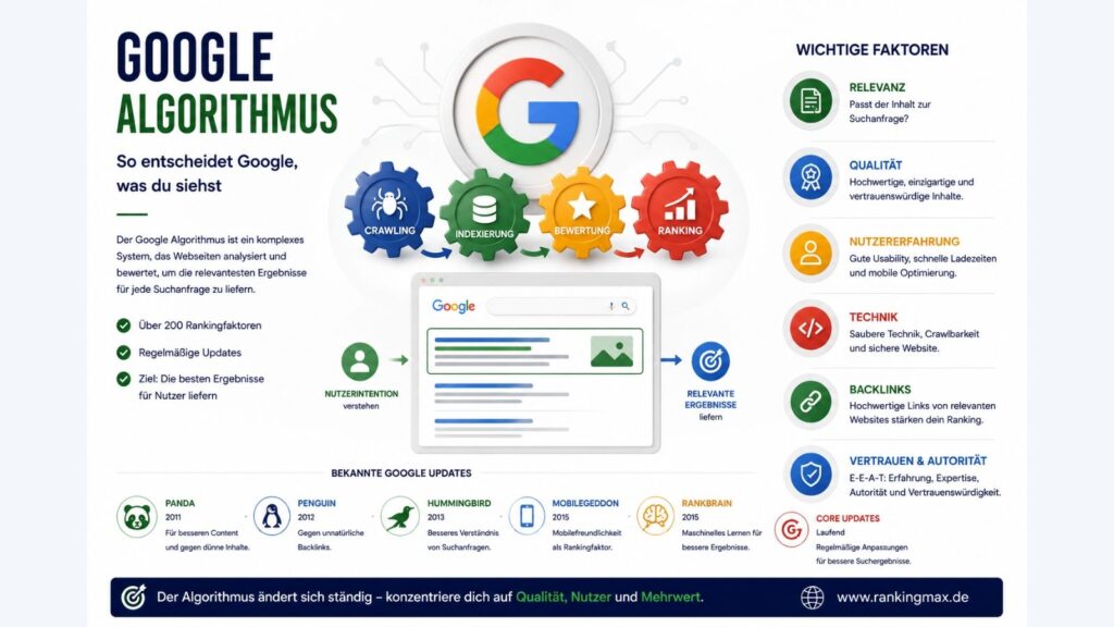 Infografik zum Google Algorithmus mit Crawling, Indexierung, Rankingfaktoren und wichtigen Google Updates.