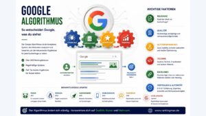 Infografik zum Google Algorithmus mit Crawling, Indexierung, Rankingfaktoren und wichtigen Google Updates.