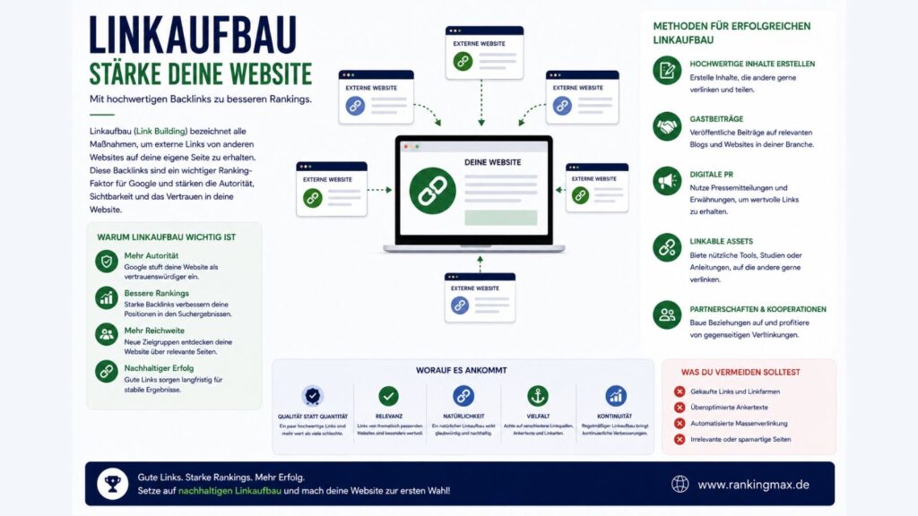 Infografik zum Thema Linkaufbau mit Darstellung hochwertiger Backlinks, bewährter Linkbuilding-Methoden und deren Einfluss auf Autorität, Sichtbarkeit und Rankings.