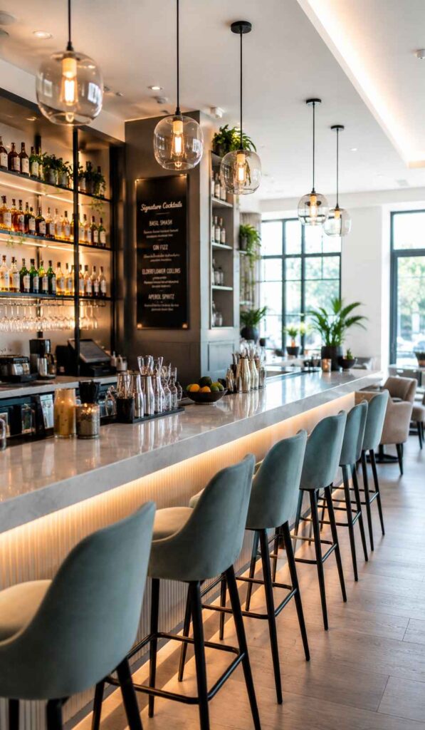 Eine moderne Bar mit einem langen Tresen.