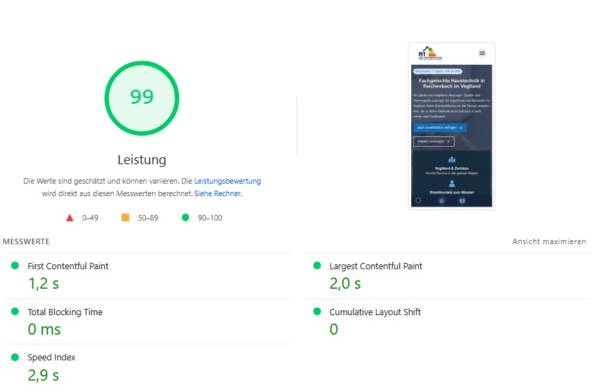 Screenshot von der Geschwindigkeitsmessung mit PageSpeed von www.tobias-haustechnik.de
