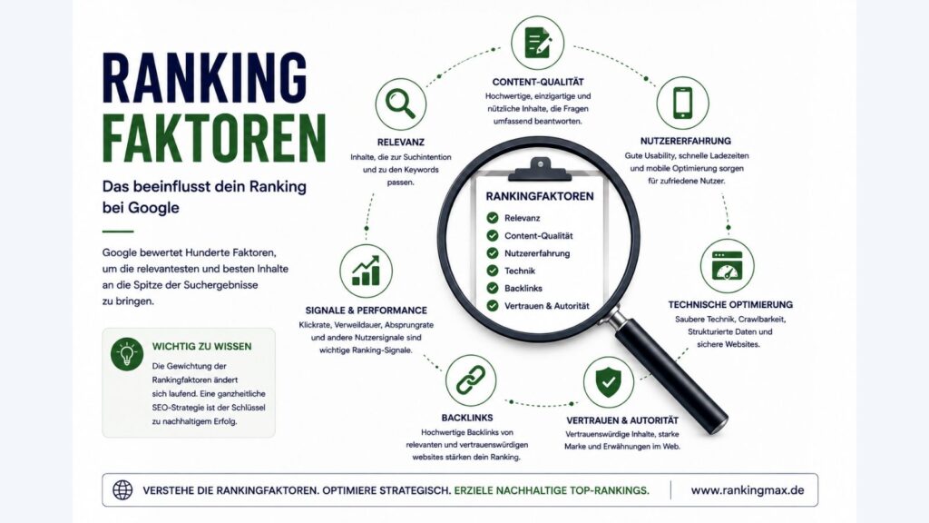 Infografik zu SEO-Rankingfaktoren mit Relevanz, Content-Qualität, Nutzererfahrung, Technik, Backlinks, Performance und Autorität.