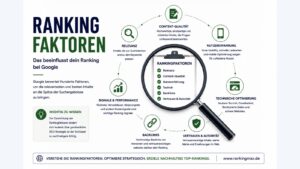 Infografik zu SEO-Rankingfaktoren mit Relevanz, Content-Qualität, Nutzererfahrung, Technik, Backlinks, Performance und Autorität.