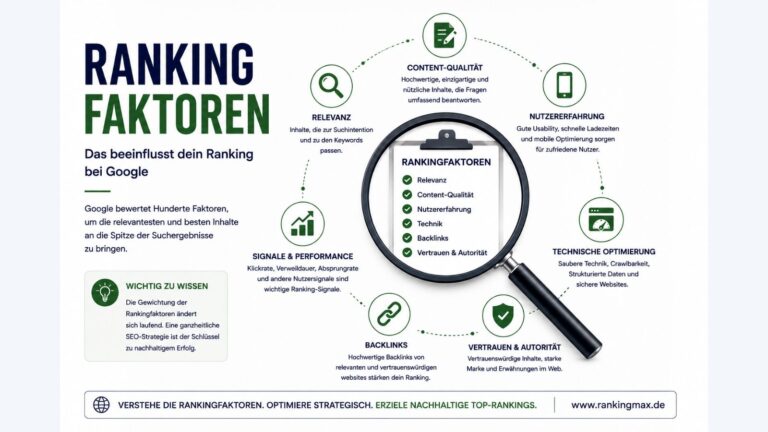 Infografik zu SEO-Rankingfaktoren mit Relevanz, Content-Qualität, Nutzererfahrung, Technik, Backlinks, Performance und Autorität.