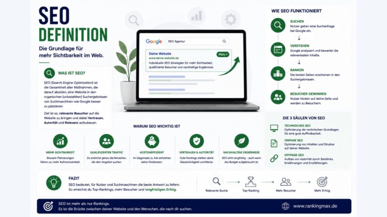 Infografik zur SEO-Definition mit Erklärung der Suchmaschinenoptimierung, ihrer Funktionsweise, Vorteile und der drei Säulen technisches SEO, Onpage- und Offpage-SEO.