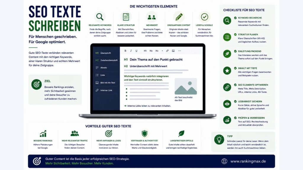 Infografik zum Thema SEO-Texte schreiben mit Darstellung wichtiger Elemente, Textstruktur und Optimierungsmaßnahmen für bessere Rankings, relevanten Traffic und mehr Sichtbarkeit.