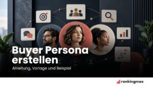Drei Buyer-Personas, verbunden mit Symbolen für Ziele, Recherche, Kommunikation und Datenanalyse