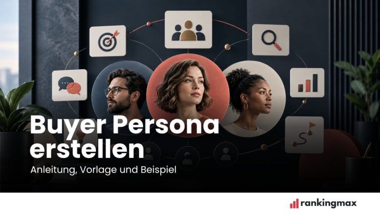 Drei Buyer-Personas, verbunden mit Symbolen für Ziele, Recherche, Kommunikation und Datenanalyse