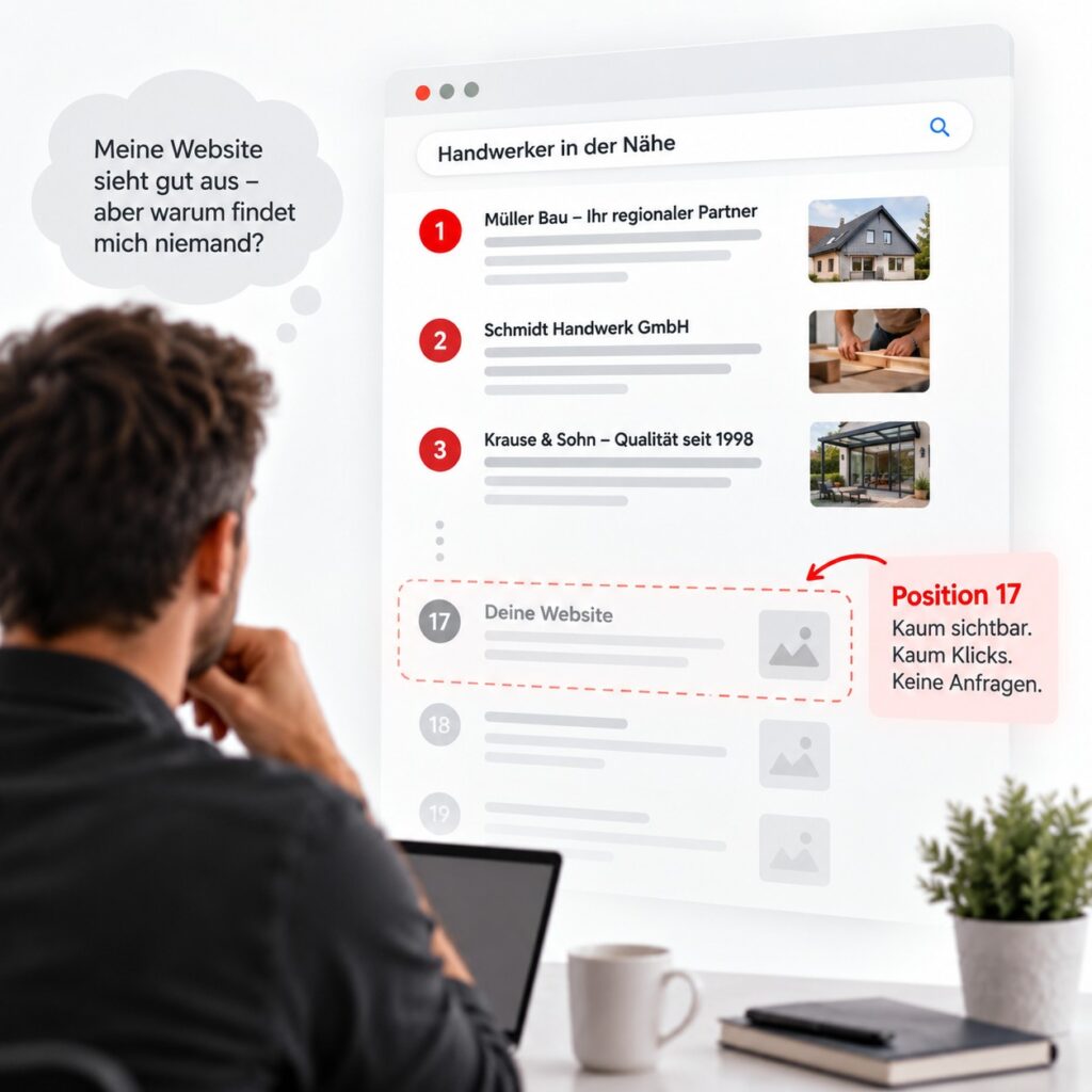 Website auf Position 17 in den Suchergebnissen mit geringer Sichtbarkeit und wenigen Klicks