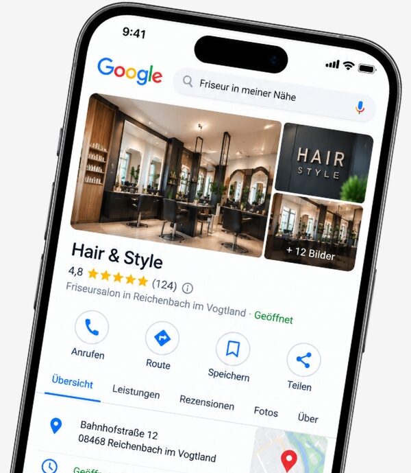 Ein iPhone mit geöffnetem Google Unternehmensprofil