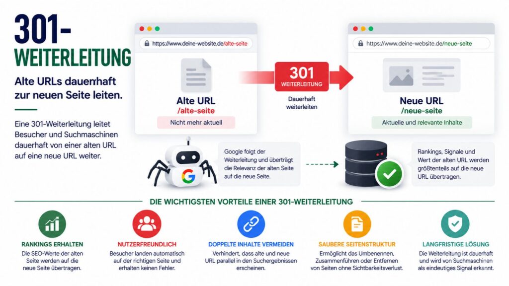 Infografik zur 301-Weiterleitung mit dauerhafter Umleitung einer alten URL auf eine neue Seite und den wichtigsten SEO-Vorteilen.