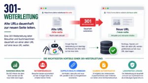 Infografik zur 301-Weiterleitung mit dauerhafter Umleitung einer alten URL auf eine neue Seite und den wichtigsten SEO-Vorteilen.