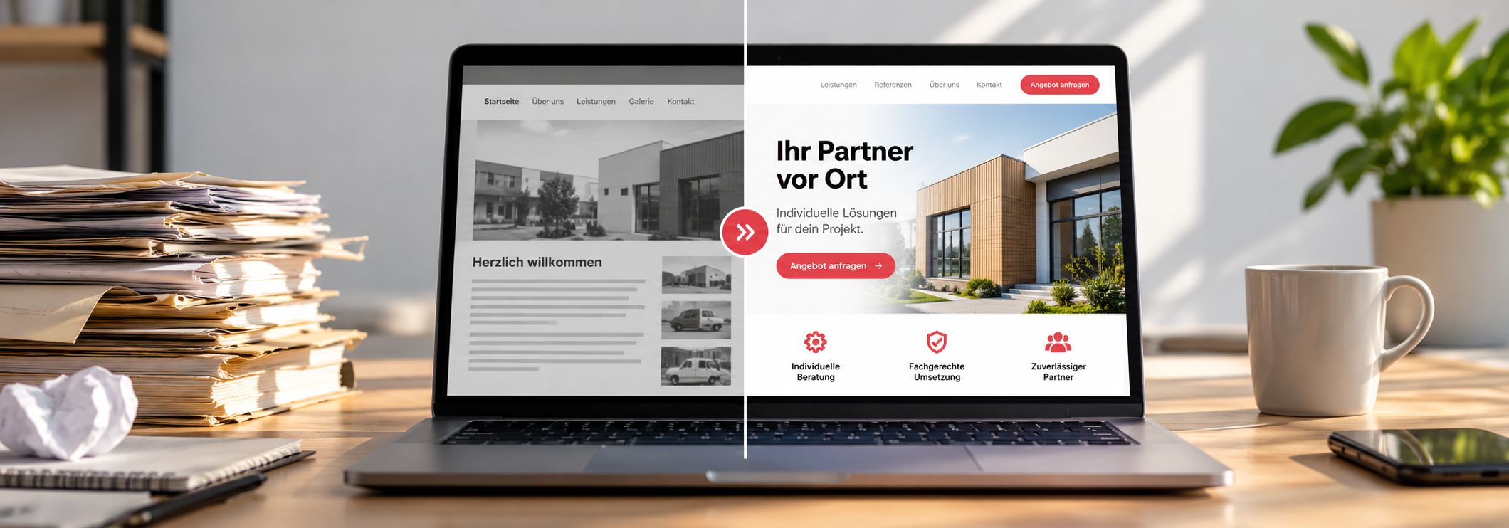 Grafik mit Vergleich alte Webseite versus neue Webseite