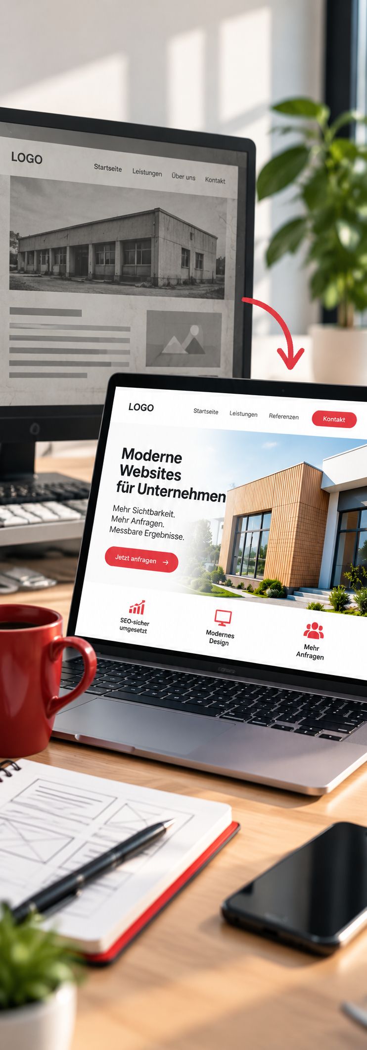 Website Relaunch: Vorher Nachher wird auf einem Monitor symbolisiert
