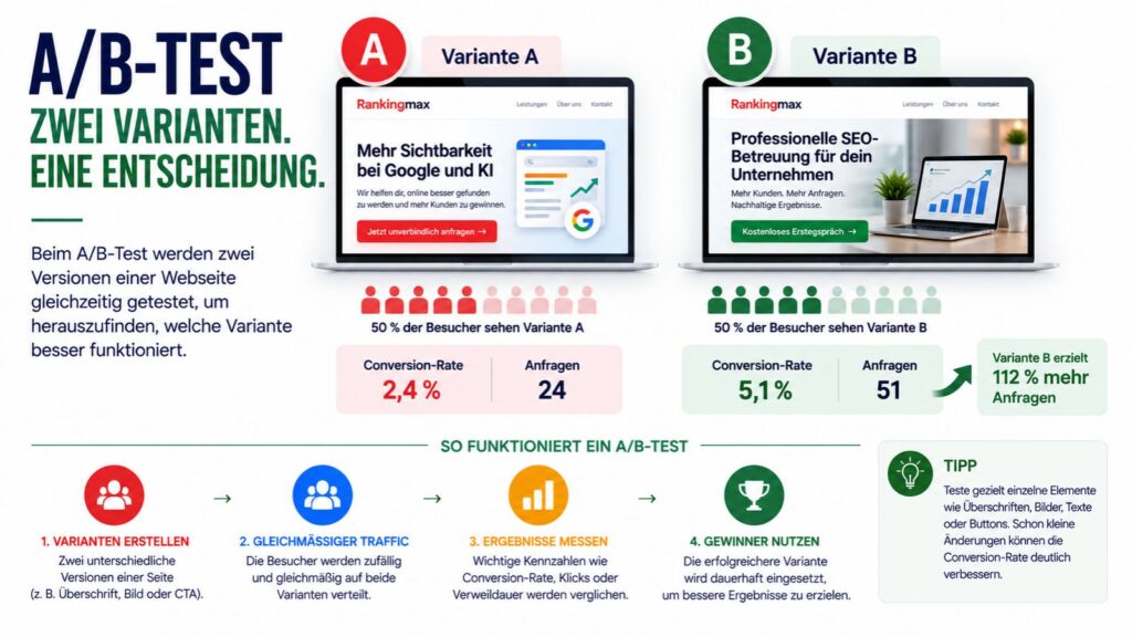 Infografik zum A/B-Test mit Vergleich zweier Website-Varianten, Conversion-Raten, Anfragen und den wichtigsten Schritten zur Conversion-Optimierung.