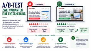 Infografik zum A/B-Test mit Vergleich zweier Website-Varianten, Conversion-Raten, Anfragen und den wichtigsten Schritten zur Conversion-Optimierung.