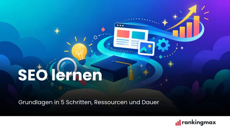 Offenes Buch mit schwebendem Doktorhut, Lupe, Website und Wachstumsdiagramm als Illustration zum Thema SEO lernen.