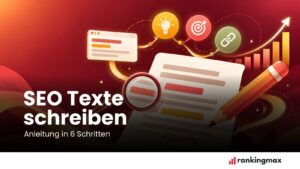 Dokument mit Stift und Lupe, umgeben von Symbolen für Ideen, Suchintention und Verlinkungen – Illustration zum Schreiben von SEO-Texten.