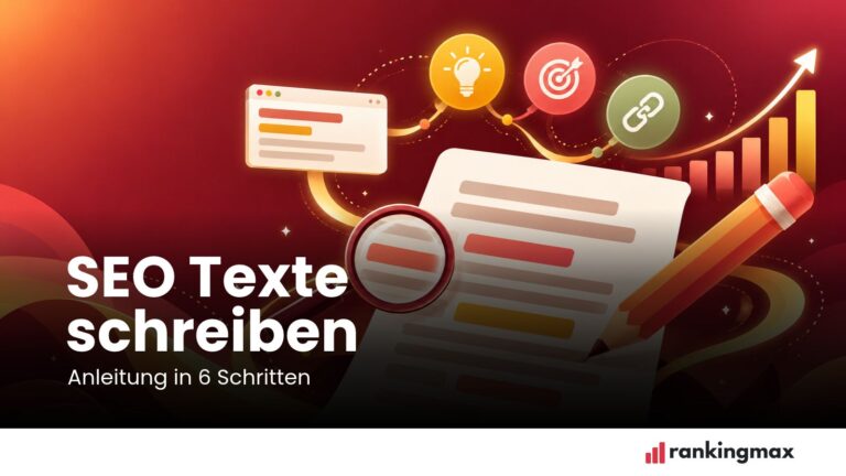 Dokument mit Stift und Lupe, umgeben von Symbolen für Ideen, Suchintention und Verlinkungen – Illustration zum Schreiben von SEO-Texten.